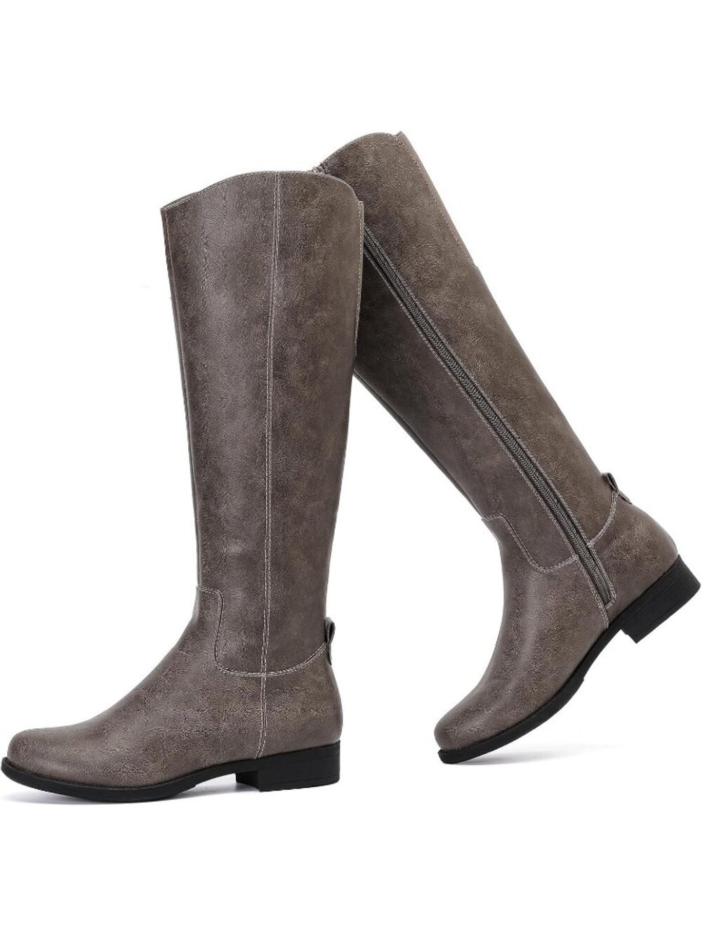 Women's Grey Pu Knee High Boots Riding Fashion Boots Round Toe Faux Leather